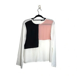 Shein White Black & Light Pink Color Block Long Sleeve Blouse Large Women’s